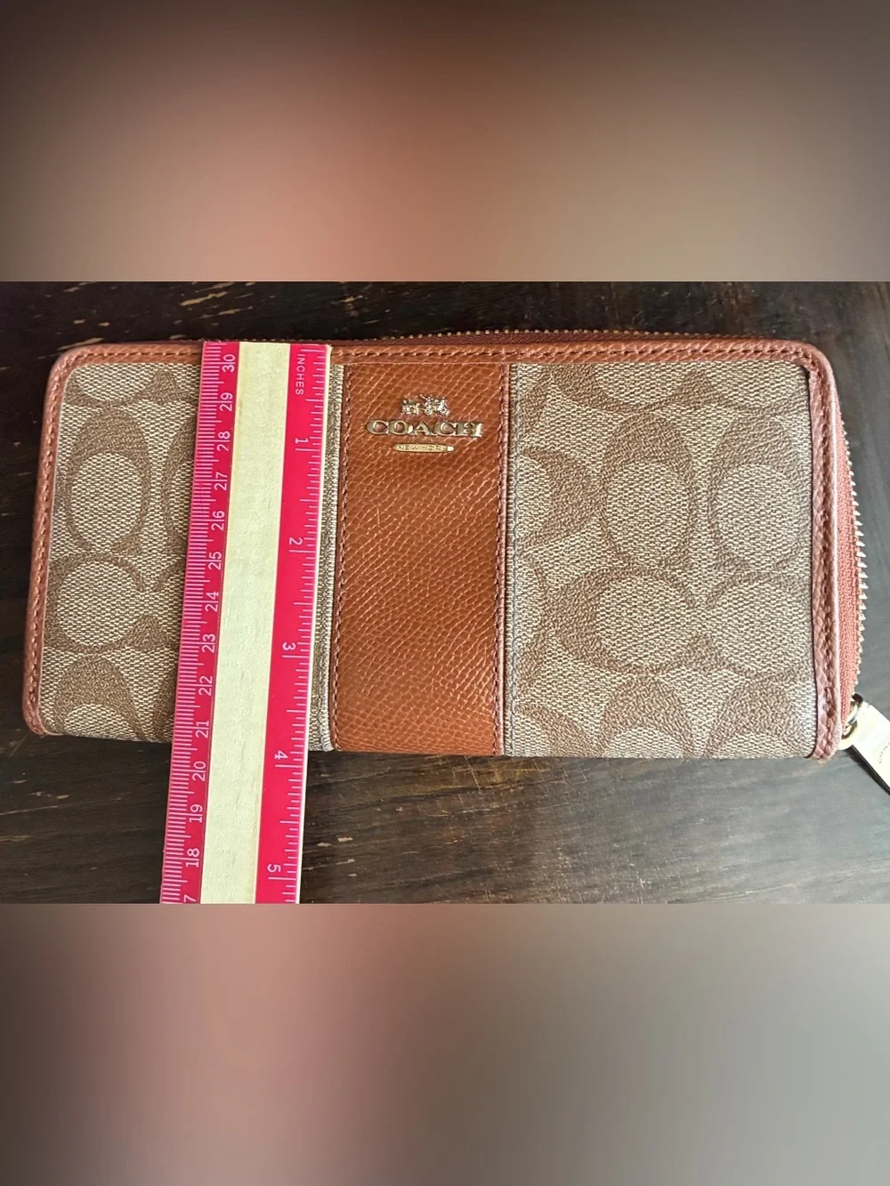 Coach Two-Tone Signature Zip Wallet in Tan and Brown